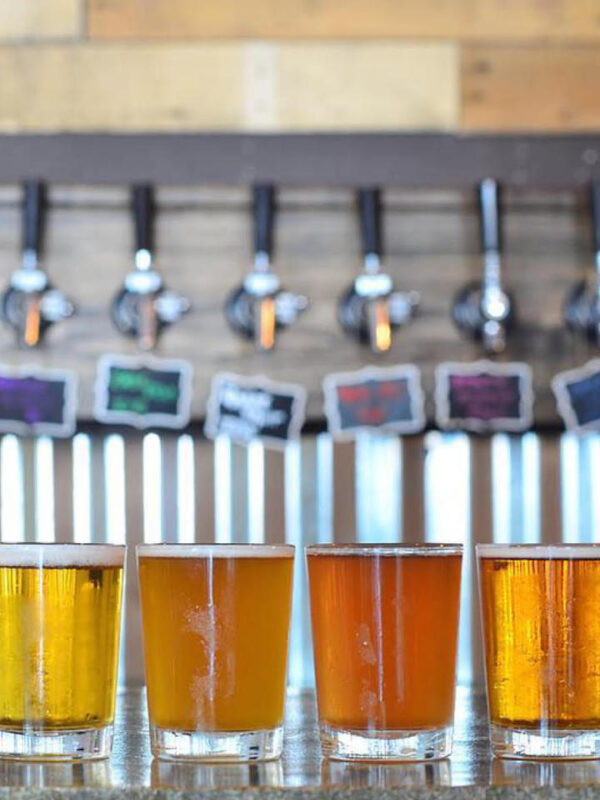 A row of different colored beers on a bar.