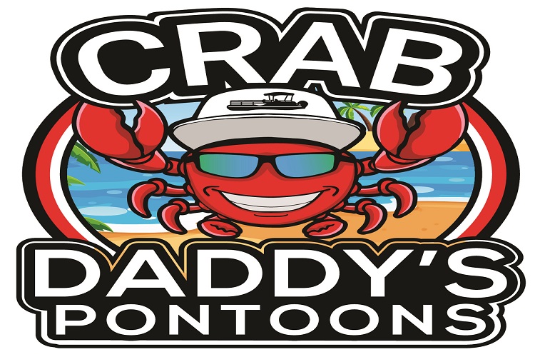 a crab wearing sunglasses and a hat with the words crab daddy's pontoons.