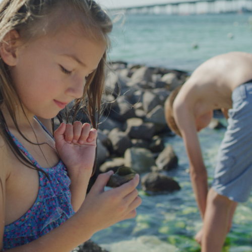 two children standing near tie pool looking at shell