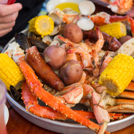 A tray of seafood on a table.