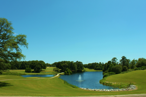 A pond in a golf course.