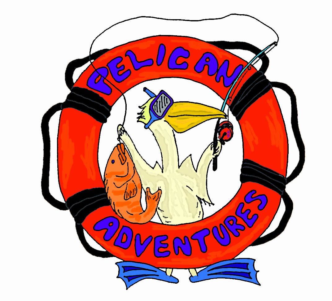 A cartoon pelican holding a fish and fishing rod stands inside a red lifebuoy labeled “Pelican Adventures.”.