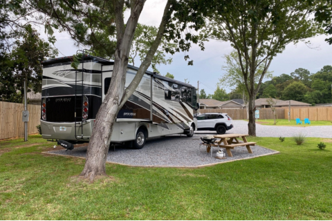 A rv parked in a driveway.