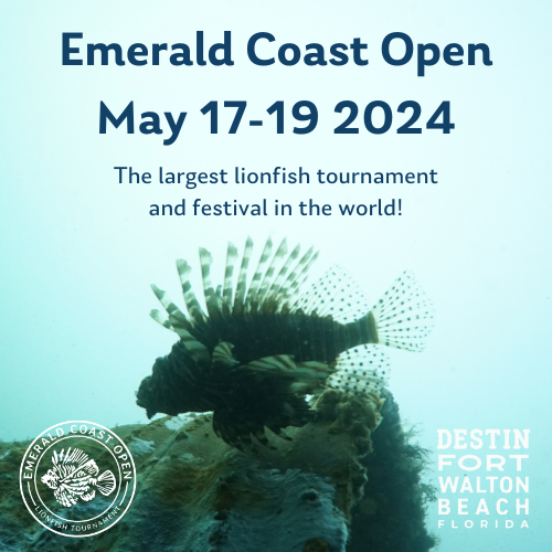 Promotional image for the emerald coast open, the world's largest lionfish tournament and festival, scheduled for may 17-19, 2024, in destin fort walton beach, florida.