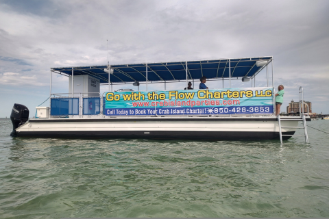 A pontoon boat on calm waters, featuring signage for