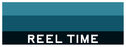 A rectangular graphic with horizontal blue stripes of different shades and the text 