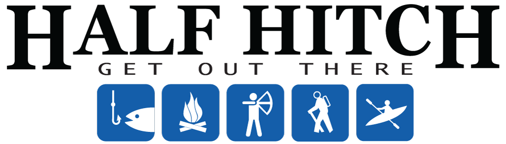 Half Hitch logo with icons representing fishing, campfire, archery, hiking, and kayaking, accompanied by the slogan
