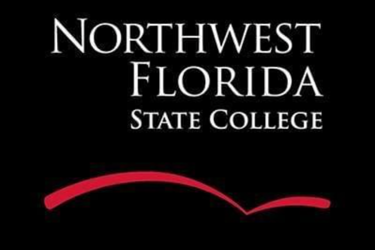 Logo of Northwest Florida State College featuring the name in white text on a black background with a red, curved line below the text.