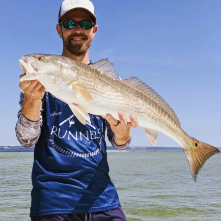 A person wearing a hat, sunglasses, and a blue shirt is holding a large fish near water under a clear sky.