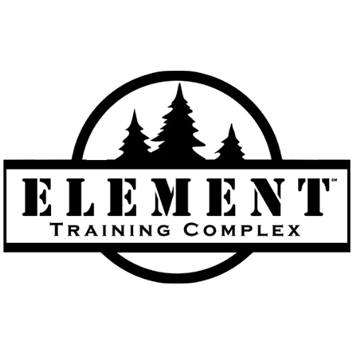 Logo for Element Training Complex featuring three silhouettes of evergreen trees within a circular design. The text 