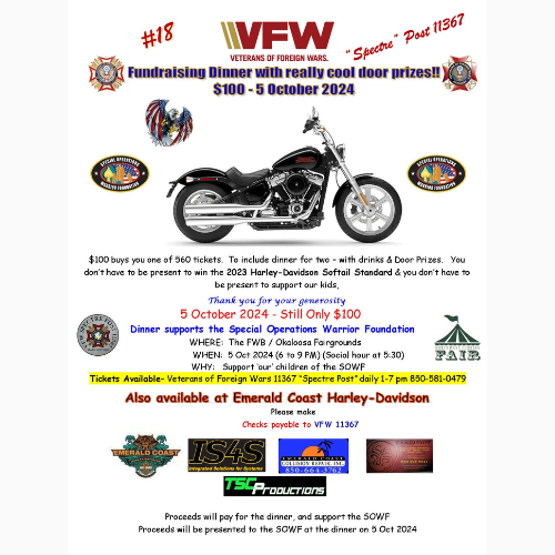 Fundraising poster for VFW Post 11367 with Harley-Davidson bike image. Event on 5 October 2024. Tickets are $100 for dinner and prizes. Includes logos and contact info.