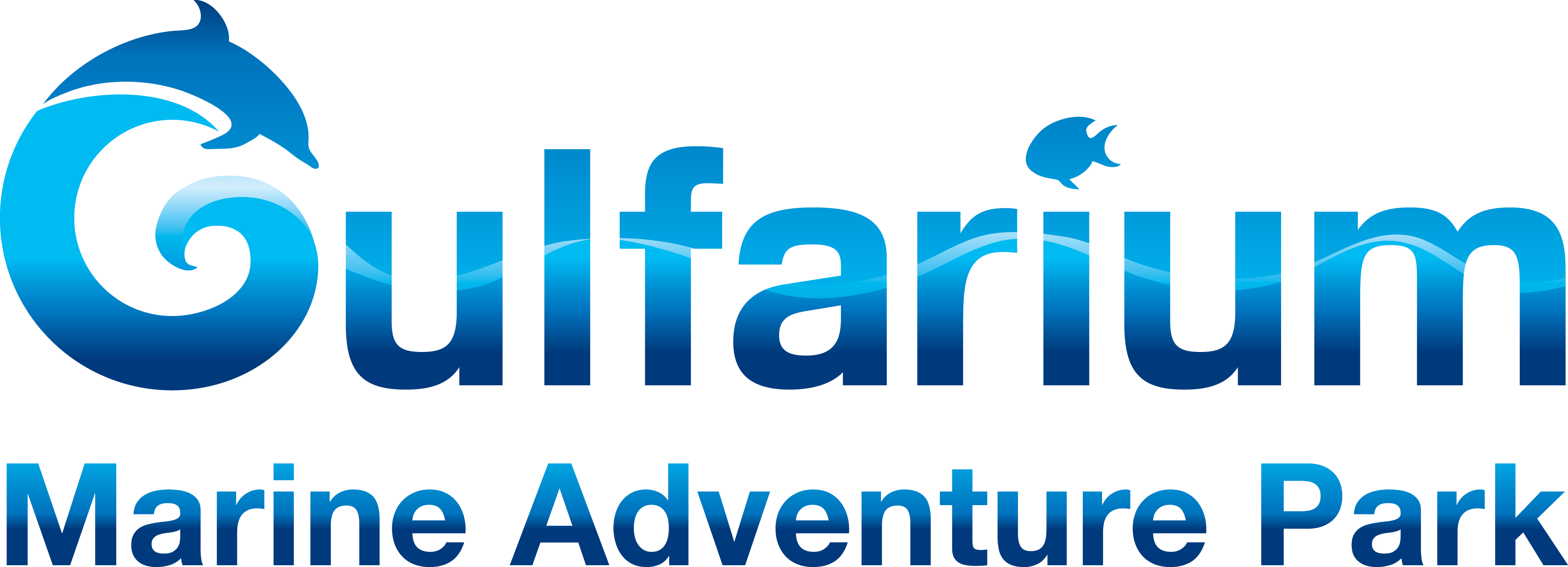 Logo of Gulfarium Marine Adventure Park featuring dolphin and fish graphics, with the text in blue.