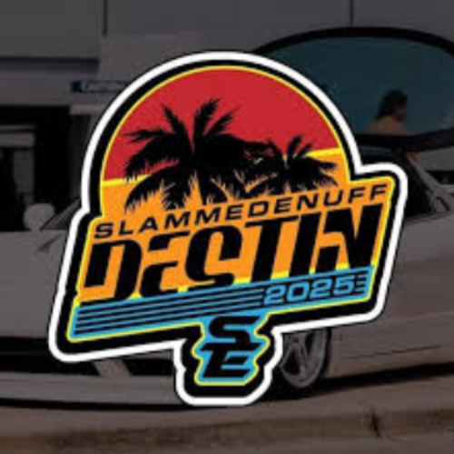 Sticker design for "Slammedenuff Destin 2023" features a sunset with palm trees and a car in the background.