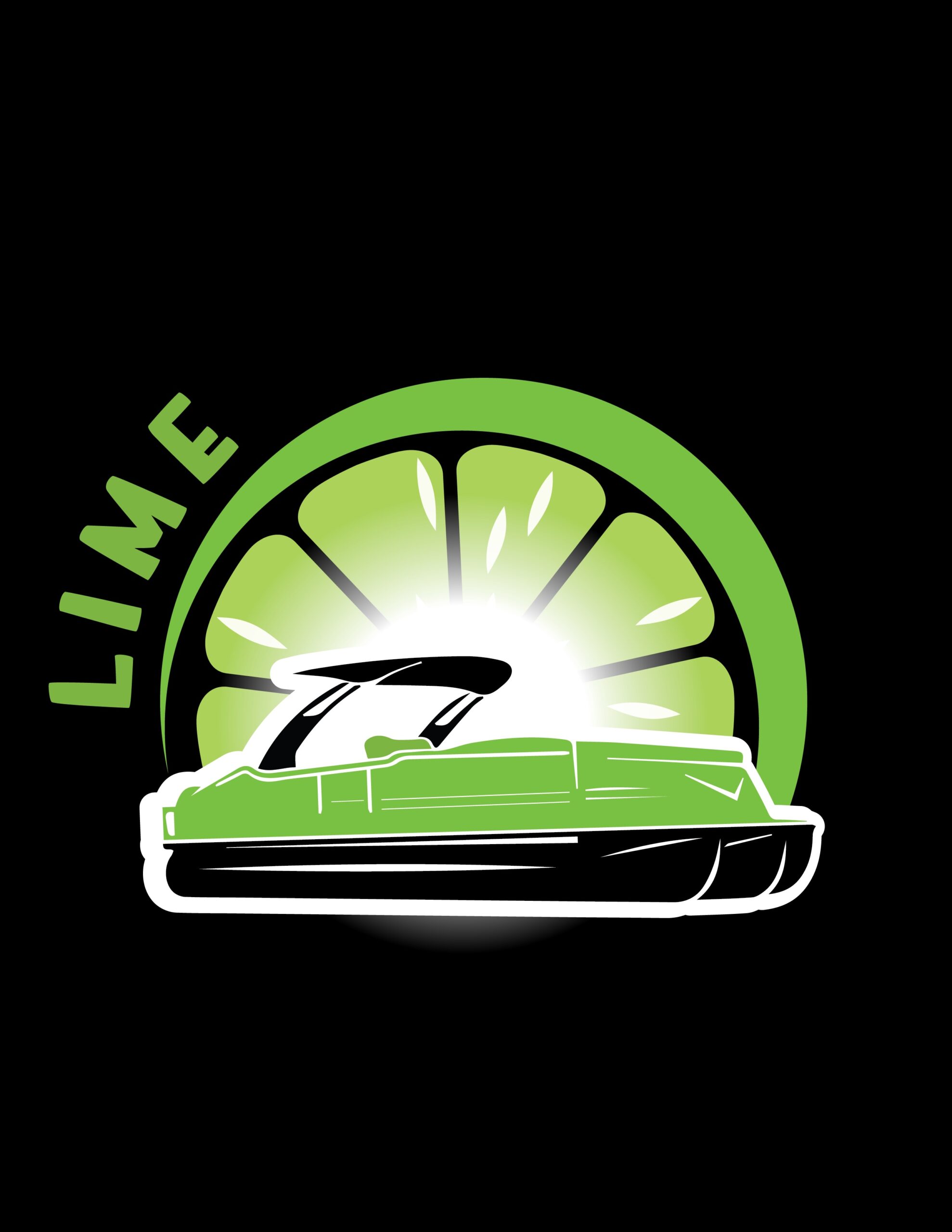 Illustration of a green and white speedboat with a large lime slice in the background on a black surface. The word