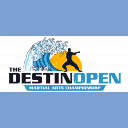 Logo for "The Destin Open Martial Arts Championship," featuring a martial artist silhouette against a wave and sun backdrop.