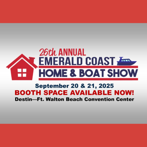 Emerald Coast Home & Boat Show banner for event on September 20-21, 2025. Booth space available at Destin-Ft. Walton Beach Convention Center.