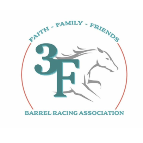 Logo of a barrel racing association with "Faith Family Friends" text, featuring a stylized horse and the letters "3F.