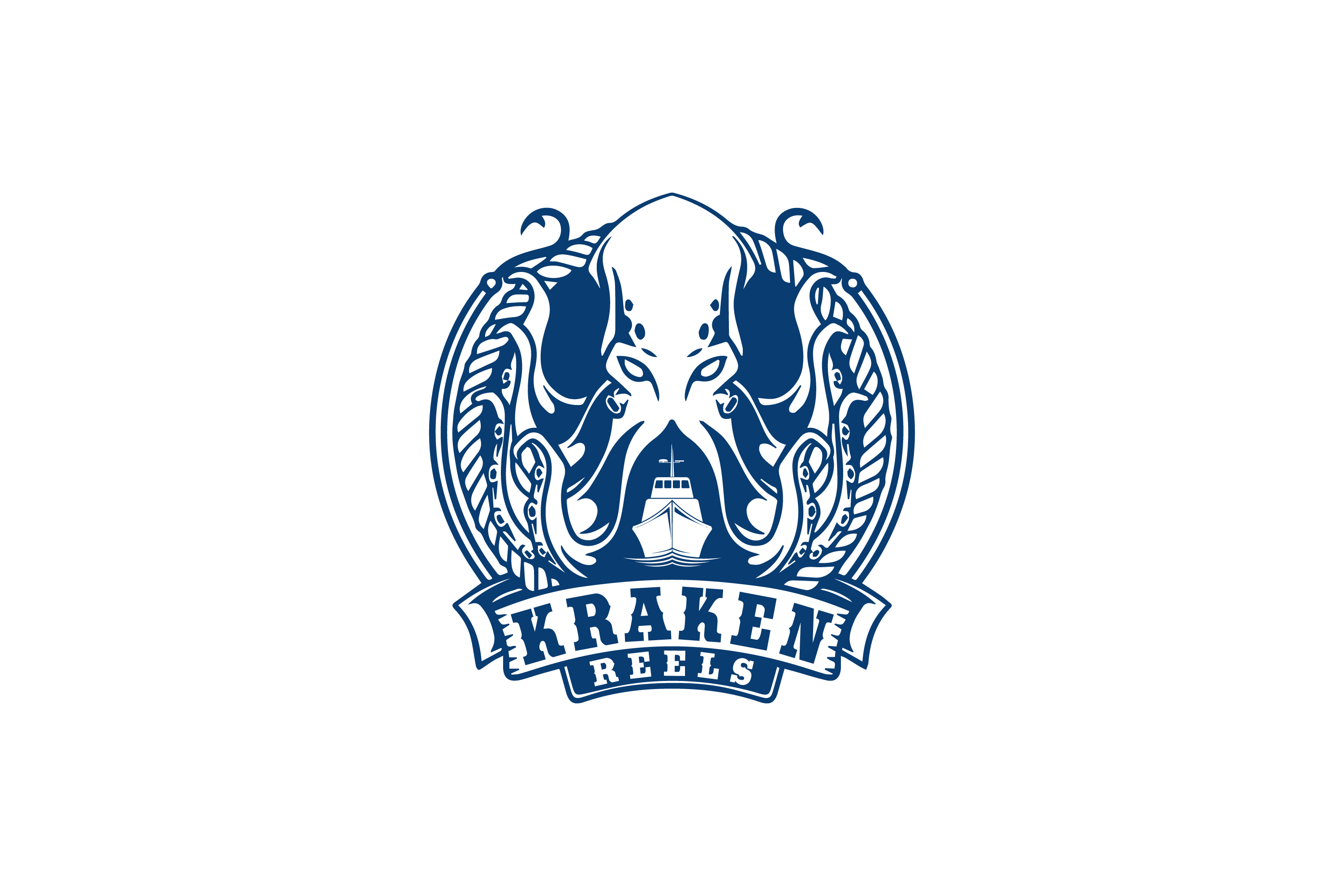 Blue logo featuring an octopus above a sailing ship, flanked by tentacles and maritime designs, with the text