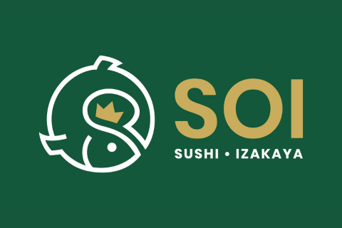 Logo for SOI Sushi Izakaya featuring a stylized fish with a crown and the text