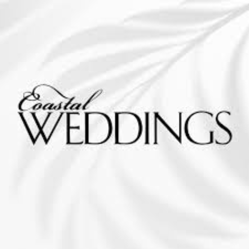 Coastal Weddings" text in black font on a white background with a subtle leaf pattern.
