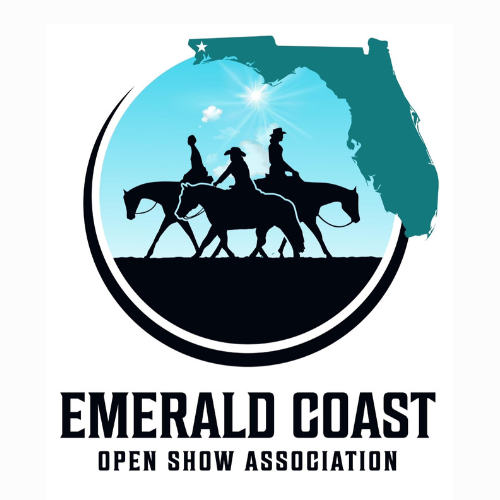 Logo featuring three people riding horses in silhouette, a teal map of Florida with a star, and the text "EMERALD COAST OPEN SHOW ASSOCIATION" below.