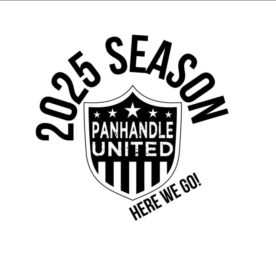 Black and white graphic reads "2025 Season Panhandle United Here We Go!" above and below a shield logo with stars and stripes.