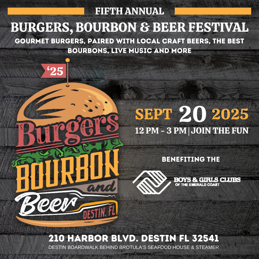 Event poster for the Fifth Annual Burgers, Bourbon & Beer Festival on September 20, 2025, in Destin, FL, benefiting the Boys & Girls Clubs of the Emerald Coast.