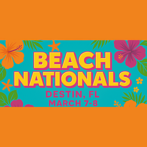 Colorful graphic with tropical flowers and text: "Beach Nationals, Destin, FL, March 7-8" on a blue and orange background.