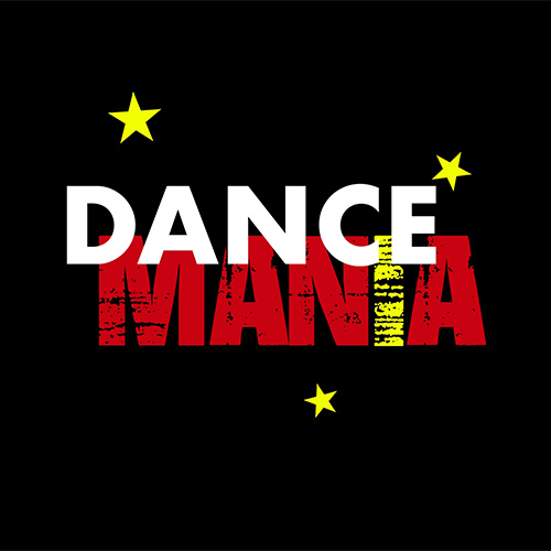 Text graphic with the words "DANCE" in white and "MANIA" in red, surrounded by four yellow stars on a black background.