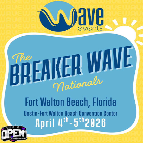 Event flyer for The Breaker Wave Nationals at Fort Walton Beach, Florida, to be held April 4-5, 2026, at the Destin-Fort Walton Beach Convention Center.