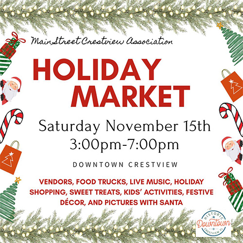 Holiday Market event flyer with festive decorations, listing date, time, location, and activities like vendors, food trucks, live music, and pictures with Santa.