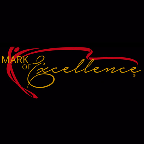 Mark of Excellence" logo with stylized red and yellow script on a black background.