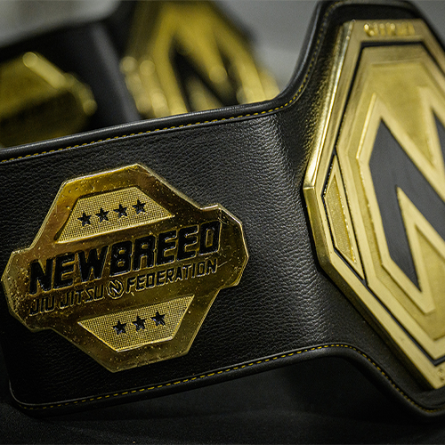A close-up of a black and gold championship belt with "NEWBREED Jiu Jitsu Federation" engraved on a gold plate.