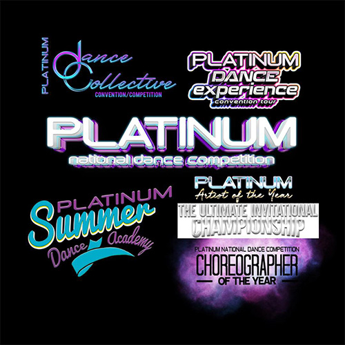 Logos for various Platinum Dance events and programs, including competitions, conventions, a dance academy, and a choreographer award, displayed on a black background.