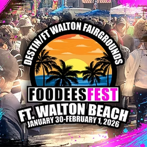 Crowd at a festival with a sunset and palm tree logo for Foodees Fest at Destin/Ft Walton Fairgrounds, Ft. Walton Beach, January 30-February 1, 2026.
