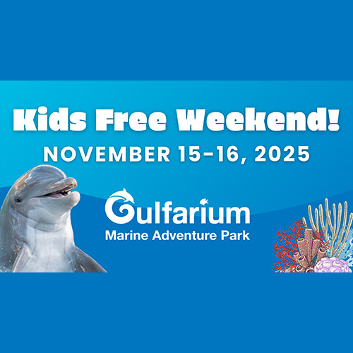 Promotional image for Gulfarium Marine Adventure Park's Kids Free Weekend on November 15-16, 2025, featuring a dolphin and coral graphics.