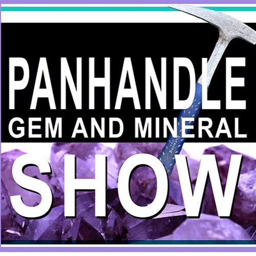 Banner for Panhandle Gem and Mineral Show featuring text, a rock hammer, and purple crystals at the bottom.