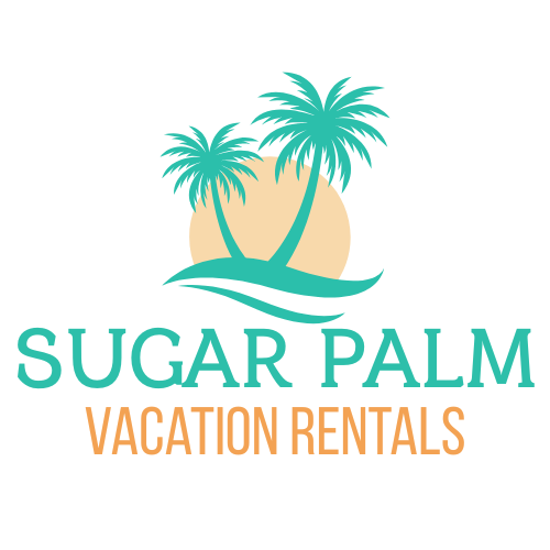 Logo for Sugar Palm Vacation Rentals featuring two palm trees, a sun, and the company name in teal and orange text on a light background.