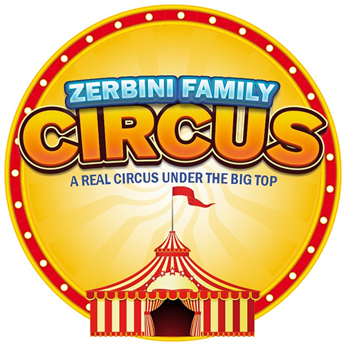 A yellow circular logo with "Zerbini Family Circus" and "A Real Circus Under the Big Top" text above a red and white striped circus tent.