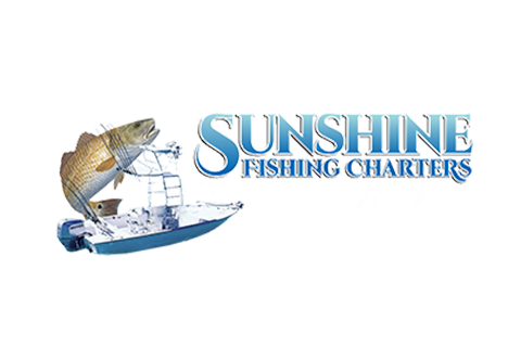 Logo for Sunshine Fishing Charters featuring a large fish and a blue boat next to the business name in blue gradient text.