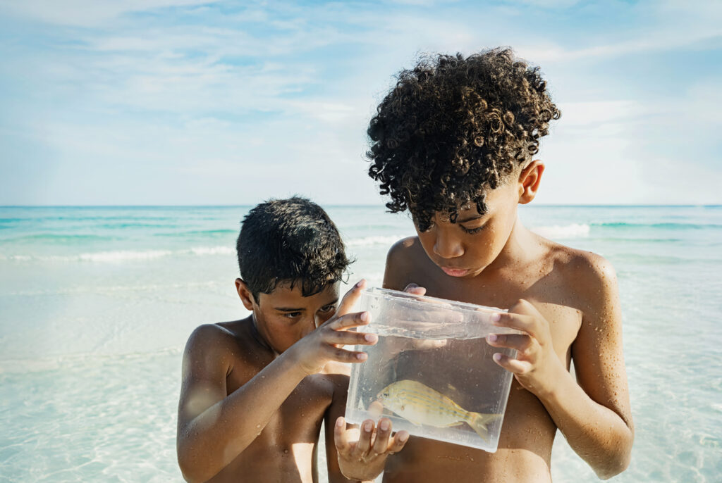Two young boys look at a fish in a bag they caught
