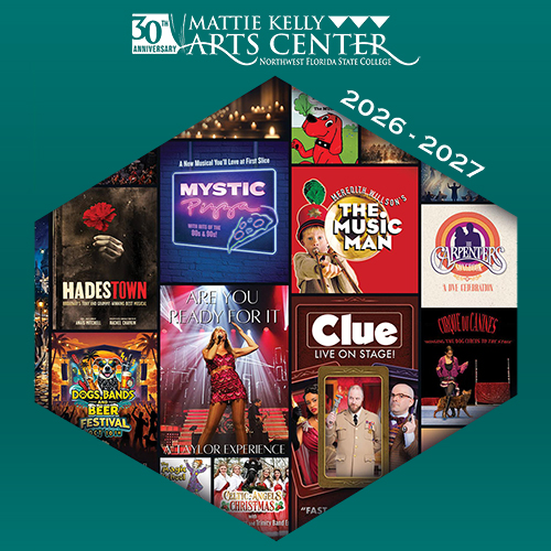 Hexagonal collage of posters promoting upcoming 2026-2027 shows at the Mattie Kelly Arts Center, including musicals, concerts, and festivals.