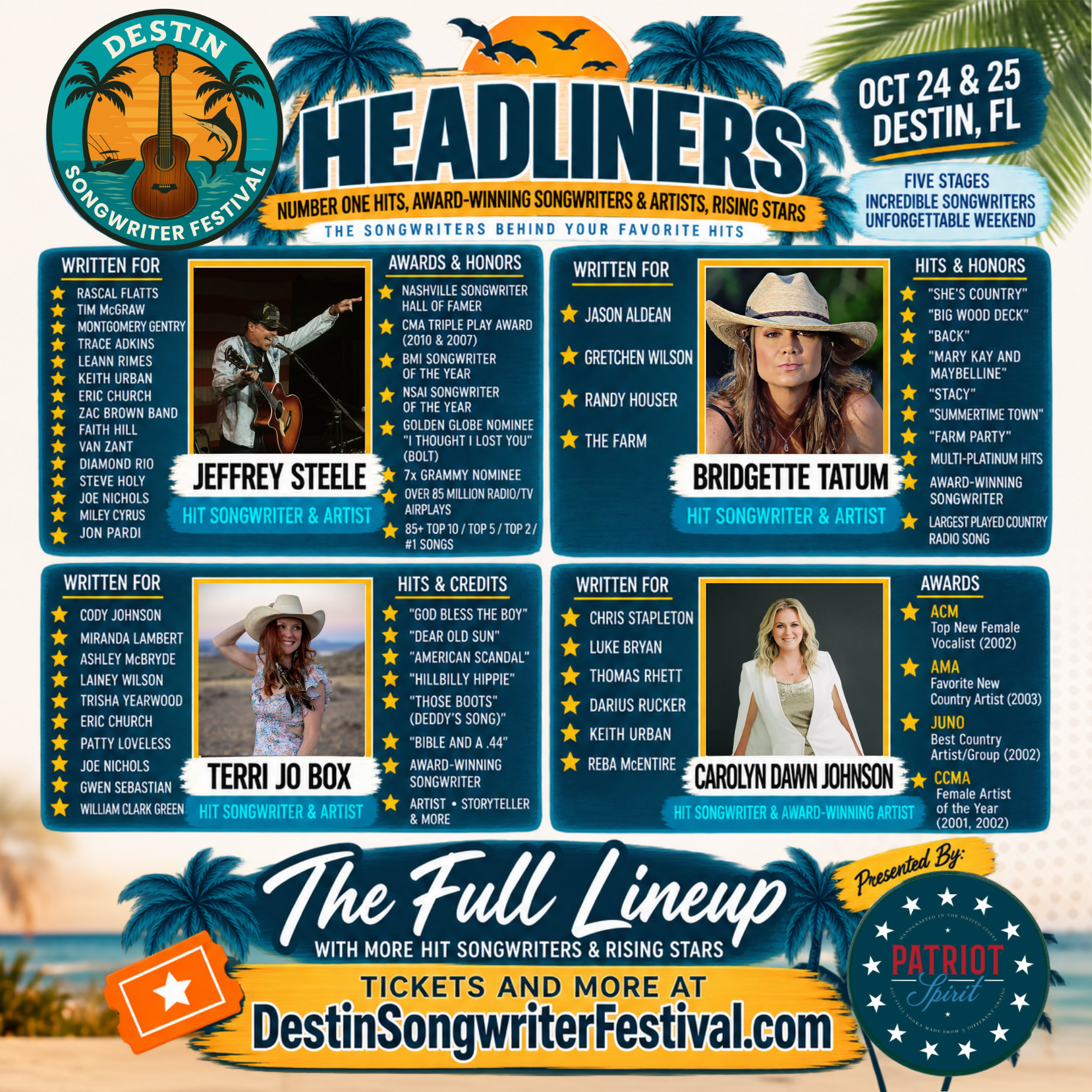 Promotional poster for Destin Songwriter Festival with headliner profiles, event dates (Oct 24-25), location (Destin, FL), and ticket info at DestinSongwriterFestival.com.