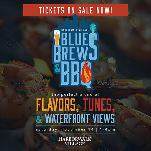Event poster for Blues, Brews & BBQ at HarborWalk Village; tickets on sale, event date Saturday, November 14, 1&ndash;4pm, featuring food, music, and waterfront views.