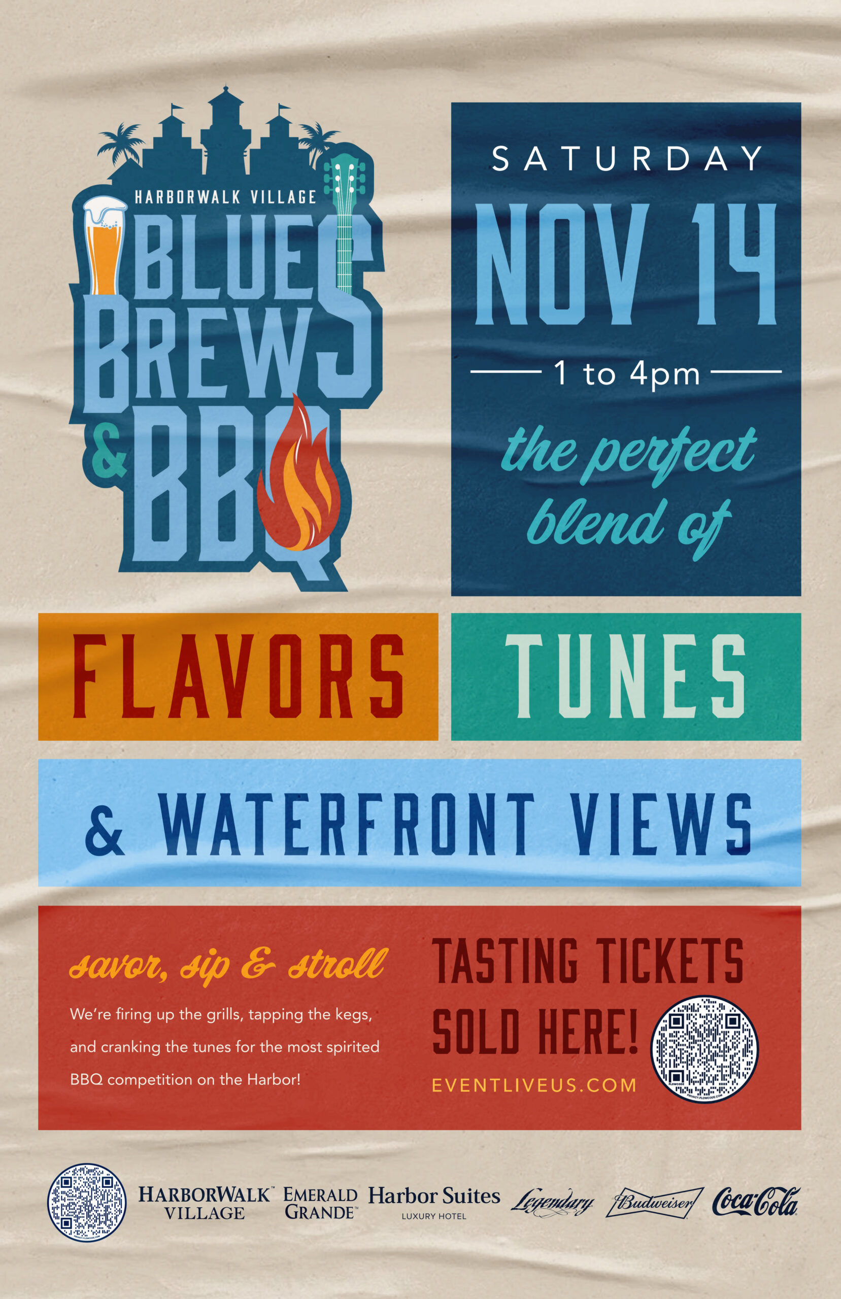 Event poster for Harborwalk Village Blues, Brews & BBQ on Saturday, November 14 from 1 to 4pm, featuring tasting tickets information and a QR code.