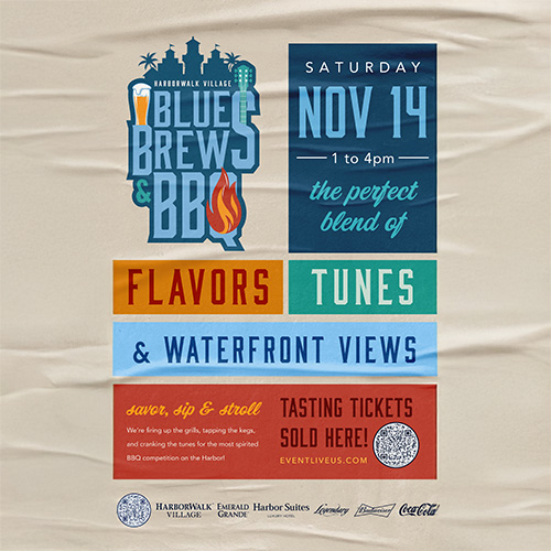 Event poster for the Blue, Brews & BBQ festival at HarborWalk Village on Saturday, Nov 14, from 1 to 4 pm, featuring ticket information and sponsor logos.