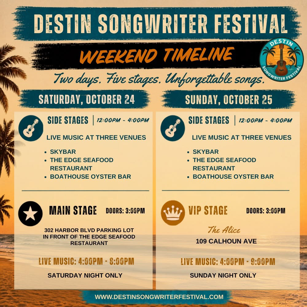 Schedule for Destin Songwriter Festival with dates, times, locations, and venues for live music and VIP stage performances on October 24 and 25.