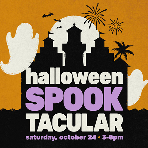 A haunted house with ghosts, bats, fireworks, and palm trees advertises a Halloween Spooktacular event on Saturday, October 24, from 3-8pm.
