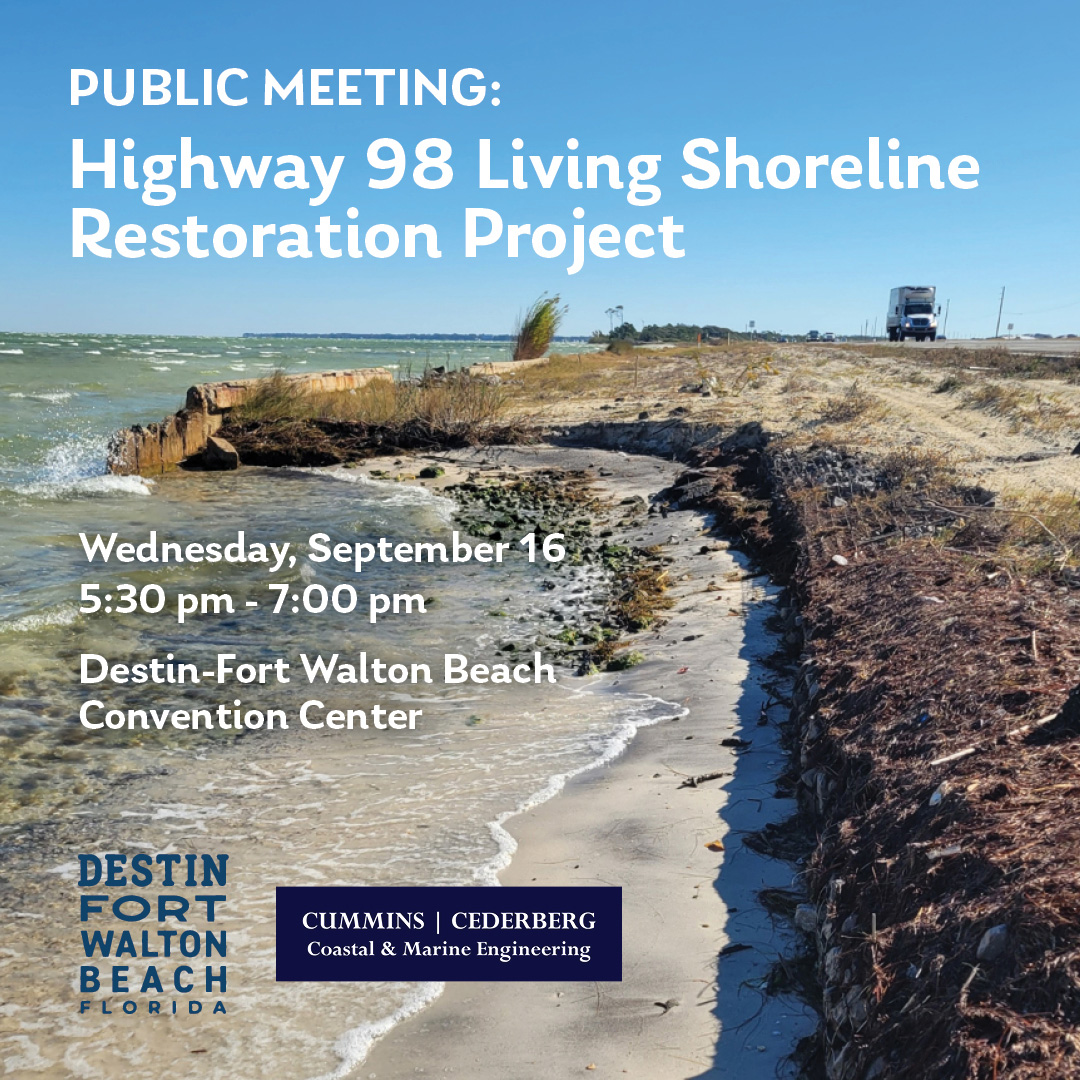 A damaged shoreline along Highway 98 with a truck in the background, promoting a public meeting about the Living Shoreline Restoration Project on September 16 at Destin-Fort Walton Beach Convention Center.