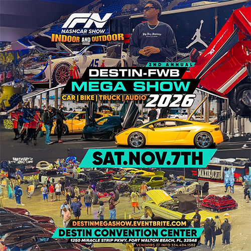 Collage of cars, bikes, and people at an indoor auto show with &ldquo;Destin-FWB Mega Show 2026&rdquo; and event details including date, location, and ticket website.